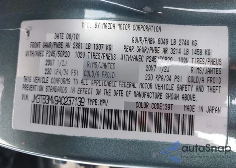 2010 Mazda Cx-9 Grand Touring from USA, damaged, VIN JM3TB3MV9A0237139